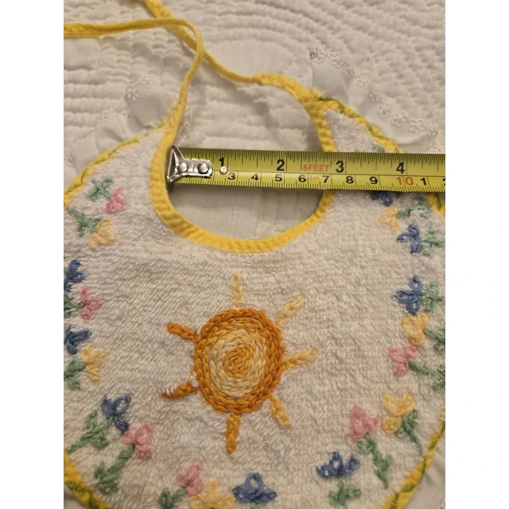 Vintage BABY BIB Embroidered Sun Flowers On Terry Cloth Eyelet Lace Ruffle
